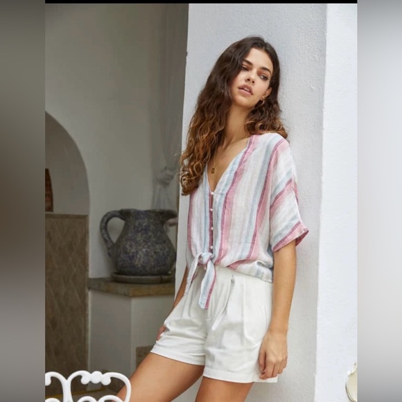 Rails Tops - Rails Thea Tropic Stripe Multicolor Tie Front Top / Size L / Coastal Chic
